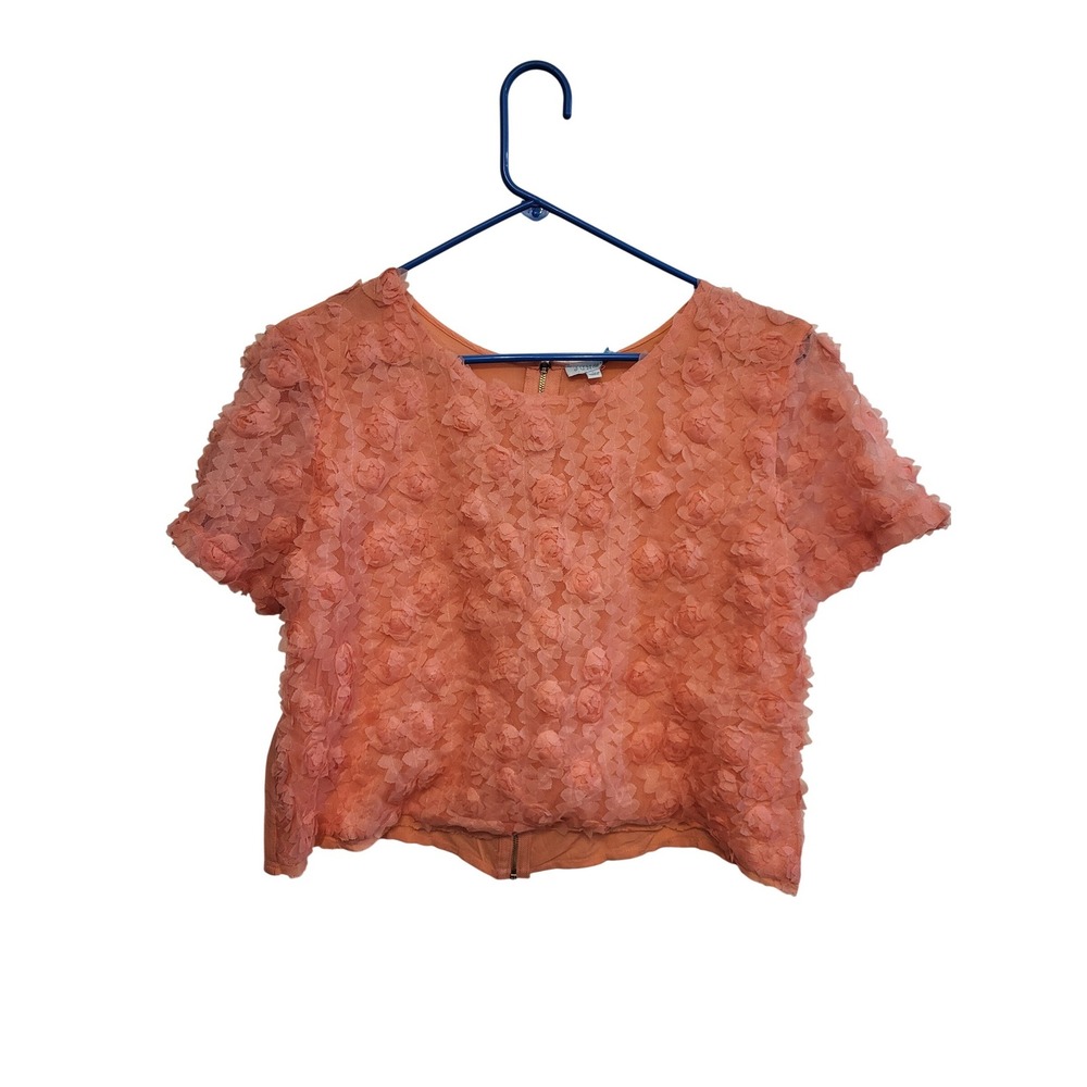 Jun & Ivy Crop Top Womens Large Coral 3D Floral Rosette Back Zipper AT1769 NWT